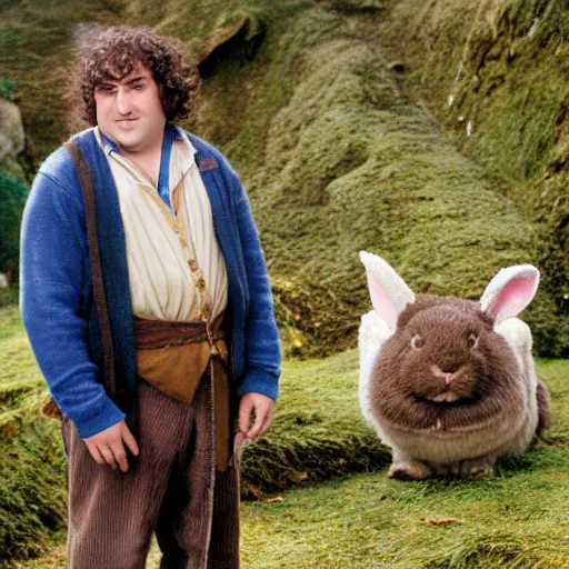 Image similar to clean shaven pudgy British lad with short curly dark brown hair as a hobbit wearing a white men's crossbody sling chest bag and blue vest standing next to a giant rabbit, blue vest! high resolution film still, movie by Peter Jackson