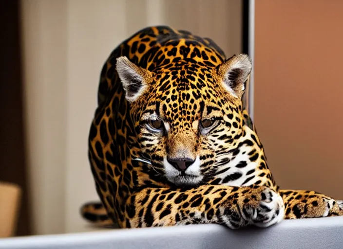 Image similar to photography of a Jaguar Cat . watching outside the window. on a bed. in a 70's room full of vinyls and posters, photorealistic, award winning photo, 100mm, sharp, high res