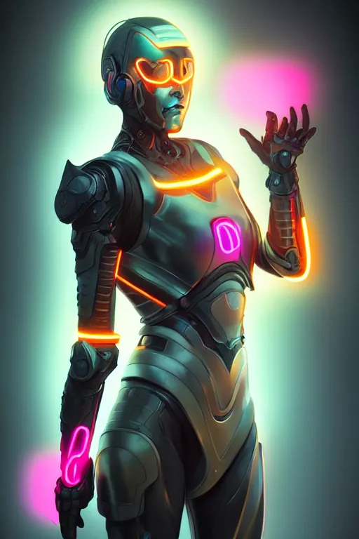 Image similar to portrait of a girl with a biomechanic armor and neon light by Artgerm and Vermeer, dramatic lighting, digital painting, highly detailed, trending on artstation