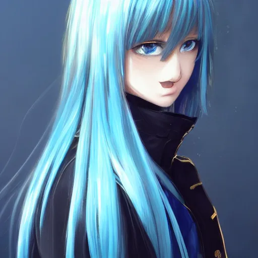 Image similar to profile shot of rimuru tempest, sky blue, straight hair, long bangs, | gold colored eyes | wearing a black jacket with white stripes, very high collar, highly detailed, unreal engine 5, digital painting, cinematic, wlop | artgerm, pixiv, yoshitaka amano, greg rutkowski, ilya kuvshinov, andy warhol