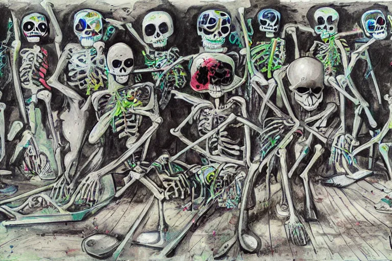 Image similar to scene from surfing, day of the dead, cyber skeleton, neon painting by otto dix