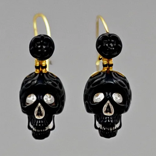 Image similar to artnouveau skull earrings made by René lalique in black, white and emerald and gold