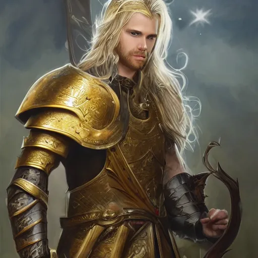 Image similar to Full body shot of beautiful male cleric with long flowing blonde hair wearing burnished bronze armour emblazoned with a swan on the breastplate. Wielding a magical scimitar embossed with the phases of the moon. Magic, bright divine lighting, flux. High fantasy, digital painting, HD, 4k, detailed by Ruan Jia