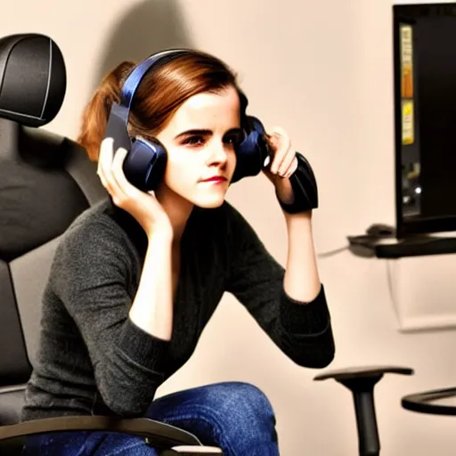 Image similar to emma watson wearing a gaming headset photo sitting on gaming chair dramatic lighting