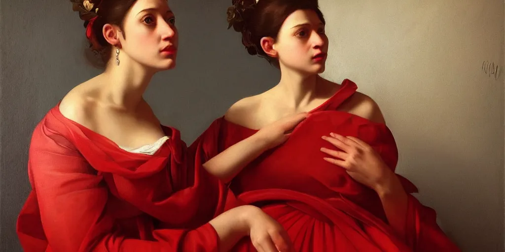 Image similar to beautiful oil matte portrait painting, woman in a red dress covered in rose petals, wonderful masterpiece highly detailed, beautiful cinematic light deep focus, elegant, digital painting, smooth, sharp focus, golden ratio, dramatic illumination, ultra realistic, 8 k, art by artemisia lomi gentileschi and caravaggio