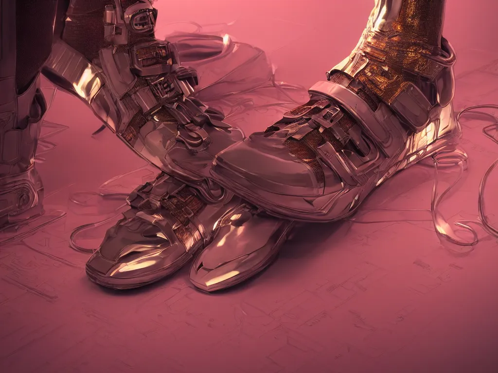 Image similar to realistic 3 d render of a cyberpunk android foot wearing sneakers, beautiful studio lighting, soft, sharp focus, neon cyberpunk highlights, intricate detail, gold and red accents, soft rubber, octane render, side view, close up, trending on artstation, deviantart, art by syd mead and issey miyake