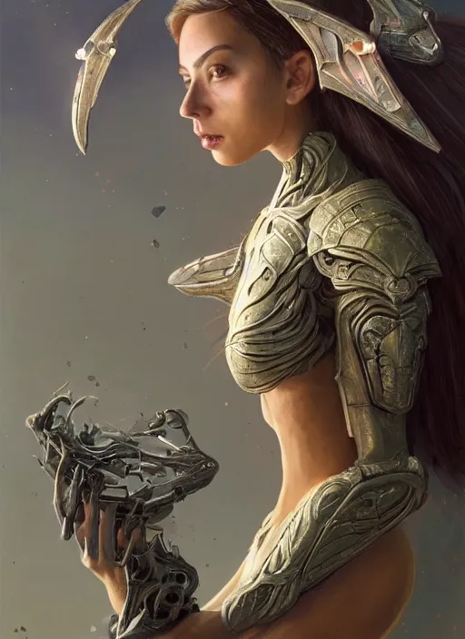 Image similar to a professional painting of a beautiful young female alien, clothed in ethereal armor, olive skin, long dark hair, beautiful bone structure, symmetrical facial features, intricate, elegant, digital painting, concept art, smooth, sharp focus, illustration, from Valerian and the City of a Thousand Planets, by Ruan Jia and Mandy Jurgens and Artgerm and William-Adolphe Bouguerea