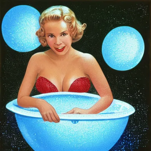 Prompt: twenty - seven year old tuesday weld in a bubble bath of glowing iridescent reflective bubbles, wearing a red and black striped bikini, in a marble bathtub overflowing with bubbles, bubbles in the air, mirrors behind the bathtub, raytracing, eating chocolate covered cherries and smiling at the nikon camera, soft focus, golden hour, by francine van hove