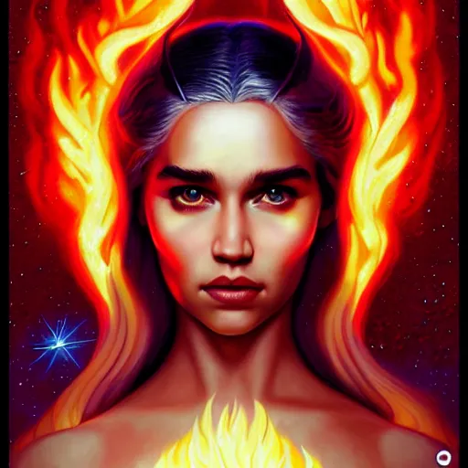 Image similar to fire flaming cosmic lofi daenerys targaryen portrait, queen of dragons, Pixar style, by Tristan Eaton Stanley Artgerm and Tom Bagshaw.