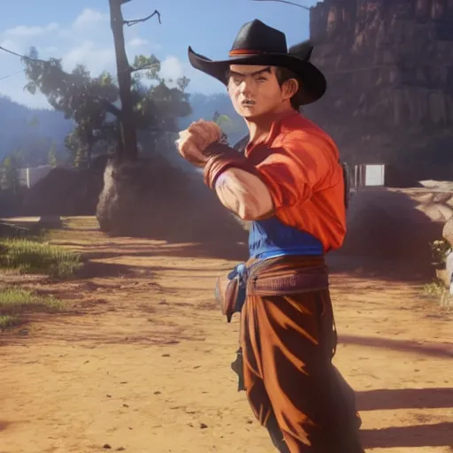 Image similar to goku wearing a cowboy hat in red dead redemption 2, a screenhot from a game, rdr 2