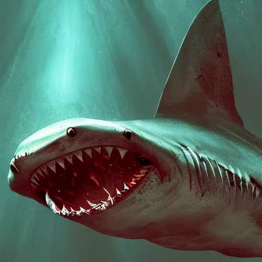 Image similar to a shark underwater with bloody mouth by greg rutkowski