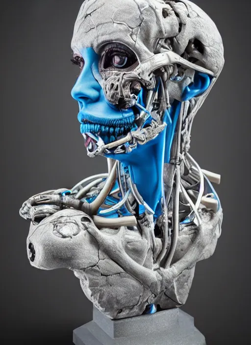 Image similar to a bust sculpture of anatomical detailed cyborg, blue blood, horror, ceramic base, orthographic, studio lighting