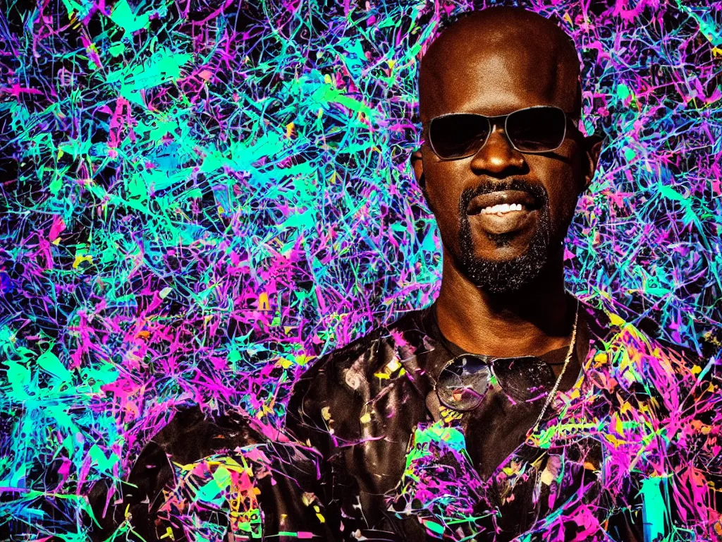 Image similar to a spectacular wideangle digital art portrait of dj black coffee playing at a rave in ibiza, digital art