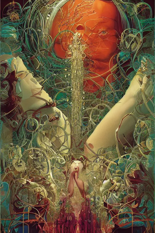 Image similar to poster artwork by Michael Whelan and Tomer Hanuka, Karol Bak of collective neurological consciousness as imagined by Carl Jung, from scene from Carnivale, clean, simple illustration, nostalgic, domestic, full of details