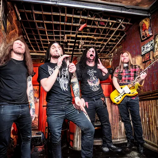 Prompt: a heavy metal band on stage in a tiny pub in England, empty room, center angle, close shot, professional photograph