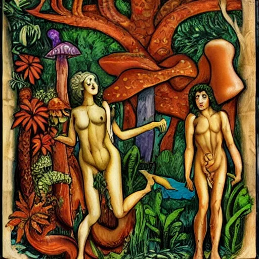 Image similar to horror vacui depicting the garden of eden, adam and eve are eating a giant psychedelic mushroom, snakes and angels are in the background,