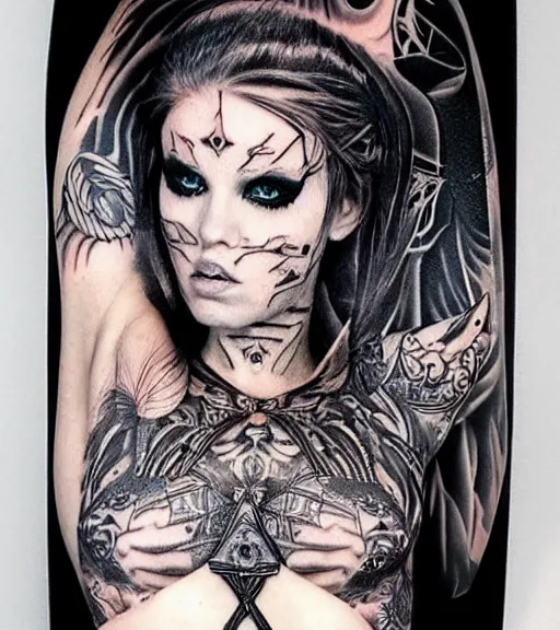 Image similar to tattoo design of a hyper realistic beautiful girl warrior, hyper detailed, in the design of eliot kohek, on white background