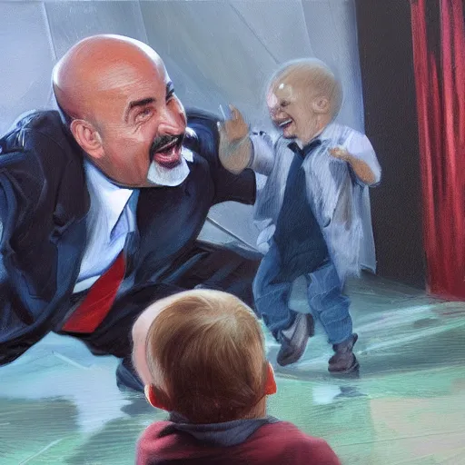 Image similar to highly detailed oil painting, concept art, dr phil laughing while kicking a sitting kid in the face, concept art, highly detailed