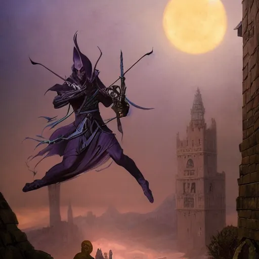 Image similar to Magic The Gathering art action shot of half elven ninjas scaling battlements in moonlight, drawn by Donato Giancola and Tom Bagshaw, Edmund Leighton, Alphonse Mucha, 4k, volumetric lighting, komorebi, intense battle scene award winning, octane render, hyperrealistic