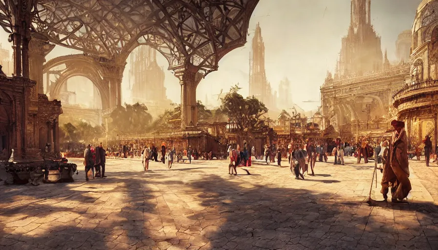 Image similar to craig mullins digital illustration of world's columbian exposition, strong contrast, sunny morning, raking light, unreal engine, hyper realism, realistic shading, cinematic composition, realistic render, octane render, detailed textures, photorealistic, wide shot