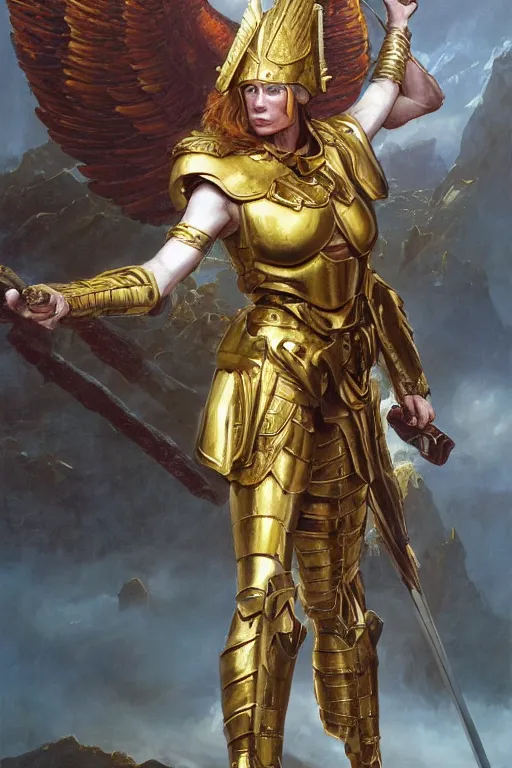 Prompt: a beautiful valkyrie , half body portrait, ginger hair, heavy gold armour, realistic oil painting by Thomas Cole and Wayne Barlowe and Boris Valejo