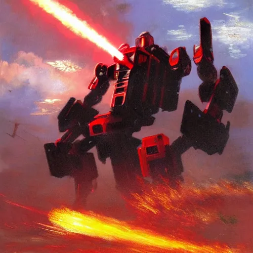 Image similar to Highly detailed oil painting, of a giant mech launching missiles, firing lasers and machine guns at a moving red sports car, concept art, highly detailed.