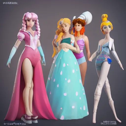 Image similar to disney inspired female figurines, teenagers, full body, realistic portrait, anime style, octane render 8 k, unreal engine, hd