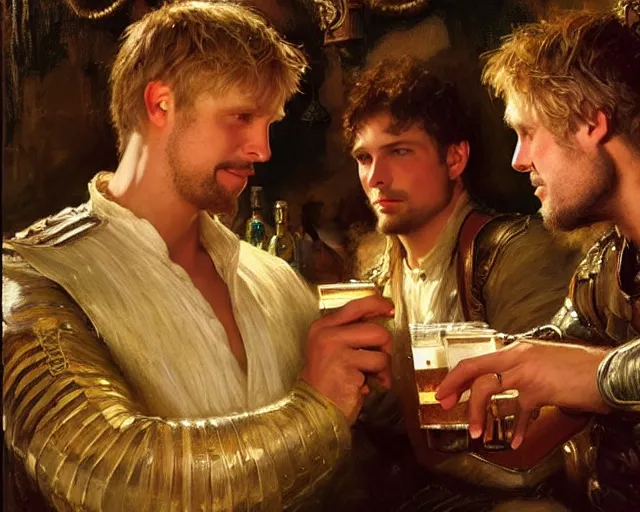 Prompt: attractive arthur pendragon and attractive lancelot go to a pub together to have some drinks. highly detailed painting by gaston bussiere, craig mullins, j. c. leyendecker 8 k