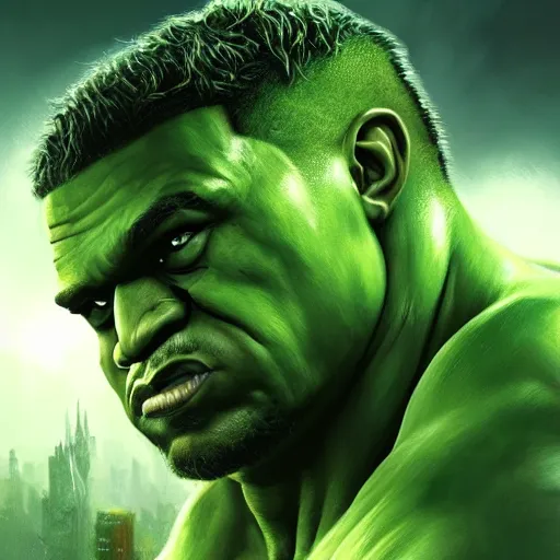 Image similar to Portrait of green Kanye West as the Hulk, amazing splashscreen artwork, splash art, head slightly tilted, natural light, elegant, intricate, fantasy, atmospheric lighting, cinematic, matte painting, by Greg rutkowski