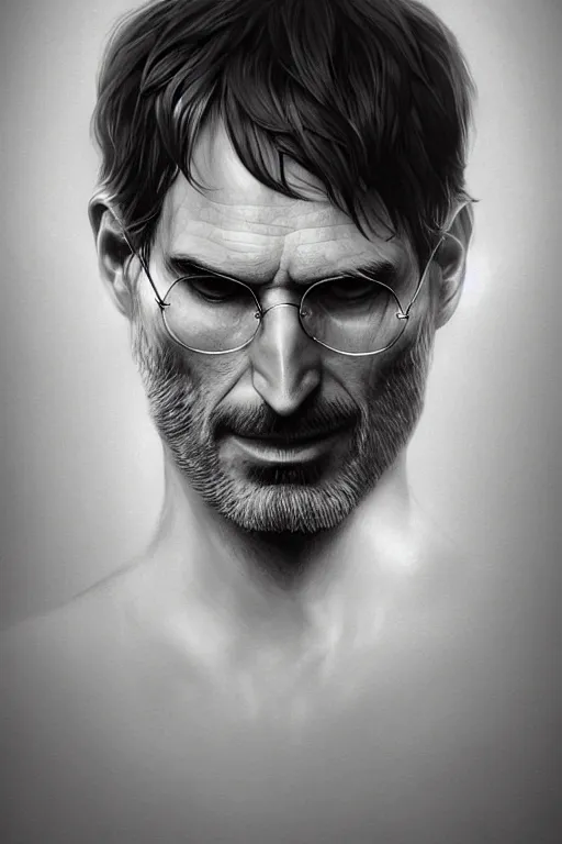 Image similar to portrait of king steve jobs, forest, godlike, upper body, fantasy, intricate, elegant, highly detailed, digital painting, artstation, concept art, sharp focus, illustration, art by artgerm and greg rutkowski and alphonse mucha