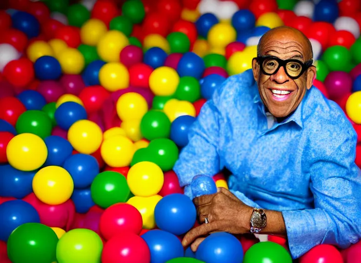 Image similar to photo still of al roker in a ball pit!!!!!!!! at age 4 6 years old 4 6 years of age!!!!!!!! hiding from parents, 8 k, 8 5 mm f 1. 8, studio lighting, rim light, right side key light