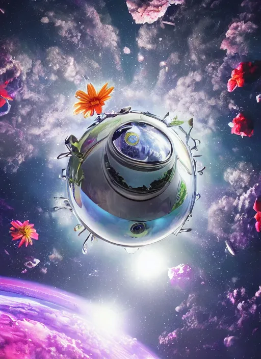 Image similar to An epic fantastic realism comic book style painting of the most beautiful flowers launched into space, perfect shiny silver iridescent spheres, bouquets, fisheye lens, unreal 5, DAZ, hyperrealistic, octane render, dynamic lighting