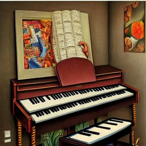 Image similar to a painting of a piano, a surrealist painting by jacek yerka, cgsociety, fantastic realism, surrealist, detailed painting