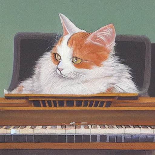 Image similar to a calico cat plying the piano