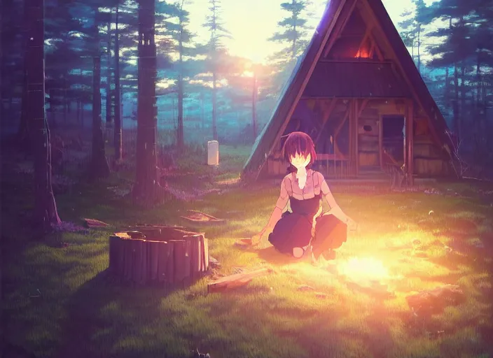 Prompt: portrait of a woman building a log cabin, illustration concept art anime key visual, very trippy and abstract, trending pixiv fanbox by wlop and greg rutkowski and makoto shinkai and studio ghibli and kyoto animation