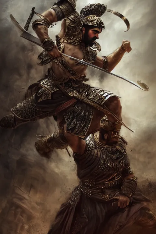 Image similar to portrait of a Persian Prince fighting at war, warrior, brutal battle, handsome prince, shaved face, attractive young man, heroic pose, persian style architecture, dramatic lighting, dark and horror, action and tragedy, dust and blood, intricate, wild, highly detailed, digital painting, artstation, concept art, smooth, sharp focus, illustration, art by artgerm and greg rutkowski and alphonse mucha, footage from space camera