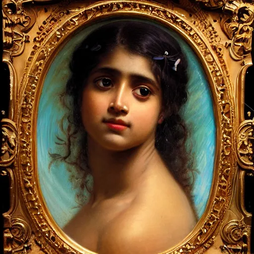 Image similar to detailed potrait 8 0 s srilankan girl with tatoos in baroque painting, girl graceful,, painting by gaston bussiere, craig mullins, j. c. leyendecker, lights, art by ernst haeckel, john william godward, hammershøi,,