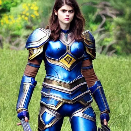 Prompt: full body photo of alexandra daddario as a warrior with galaxy coloured armour