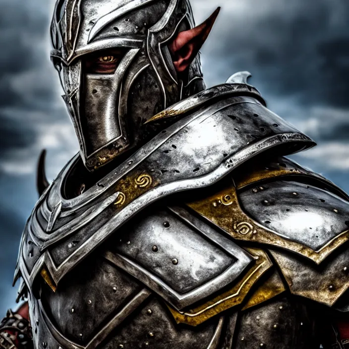 Image similar to photo of a warrior with metal elf orc hybrid themed armour, highly detailed, 4 k, hdr, smooth, sharp focus, high resolution, award - winning photo