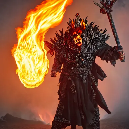 Image similar to ragnaros the firelord wielding burning skull as a mask, full body 8 k