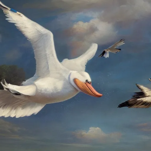 Prompt: a corgi learning to fly with pelicans, oil on canvas, intricate, 8k highly professionally detailed, HDR, CGsociety