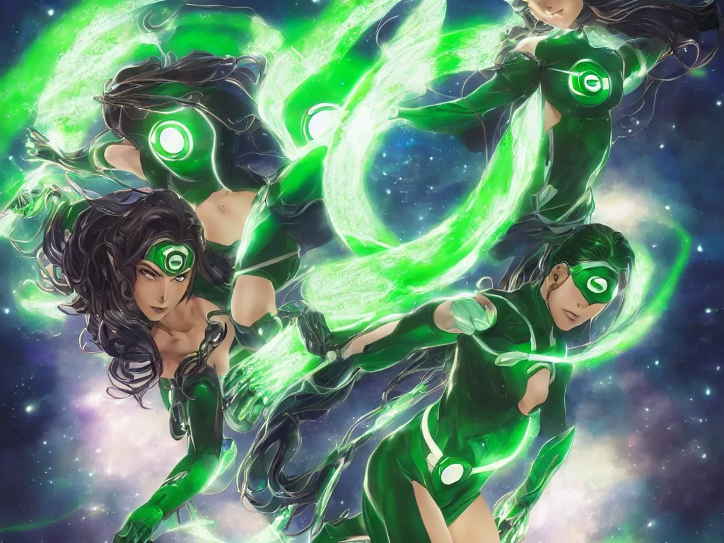 Prompt: anime key visual of one beautiful female green lantern, dc comics, power, hope, glowing, intricate, in space, stunning, highly detailed, digital painting, artstation, smooth, hard focus, illustration, art by artgerm and greg rutkowski and alphonse mucha