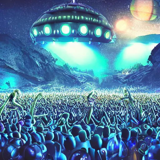 Image similar to a big concert in an alien planet, weird creatures, alien scenery, lots of people, big lights, volumetric, concert lights wide angle lens, digital art