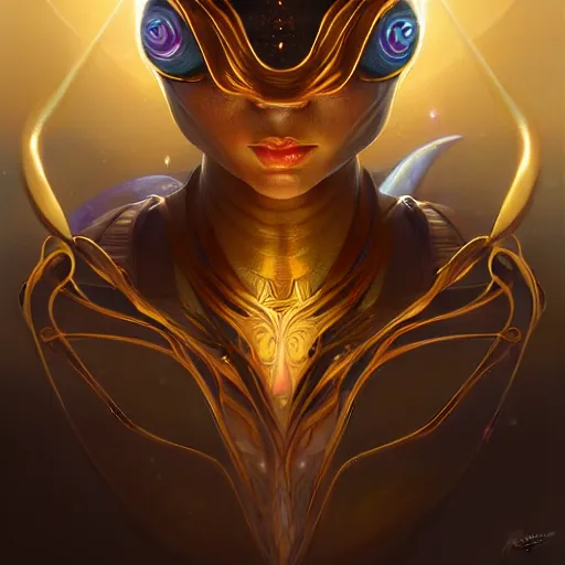 Image similar to hyper advanced alien evolved from dolphin, sci fi, glowing eyes, volumetric lights, gold theme, art nouveau botanicals, intricate, highly detailed, digital painting, artstation, concept art, smooth, sharp focus, cinematic, illustration, beautiful face, art by artgerm and greg rutkowski and alphonse mucha