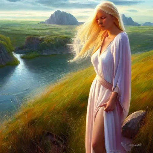 Image similar to blonde female jedi, Swedish countryside, landscape view, archipelago, freedom, dawn, sunrise, beautiful, by Vladimir Volegov, artstation