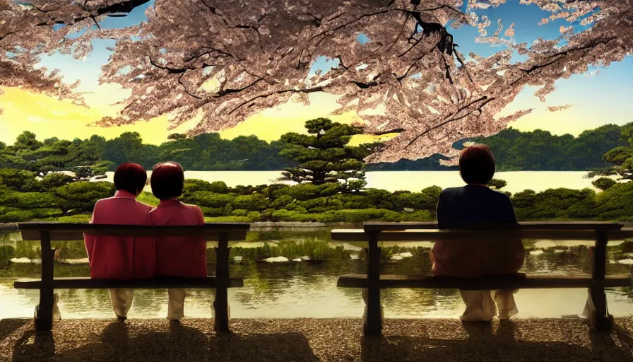 Image similar to back view of an old japanese couple watching sunset while sitting on the bench, cherry blossoms, lake, forest, village, hayao miyazaki, hyperdetailed, artstation, cgsociety, 8 k