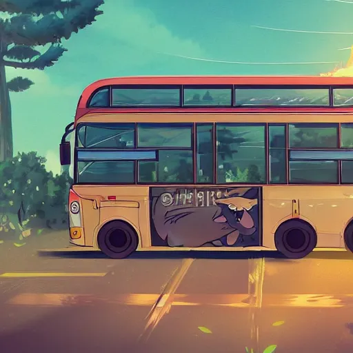 Prompt: A bus looking like a wolf in anime style. 8k Resolution illustration. Trending on ArtStation and DeviantArt. Ghibli studio cartoons style image.