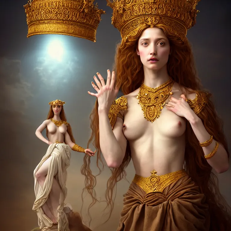 Image similar to renaissance style a wonderful female goddess with a wonderful face and realistic arms and hands and realistic 5 fingers and realistic body with long intricate hair with a beautiful porcelain symmetrical body dressed with a majestic warp ornate cream long cotton dress, hightly ornate, intricate, detailed, dramatic light, cinematic, award winning, octane render, blue light, tom bagshaw style