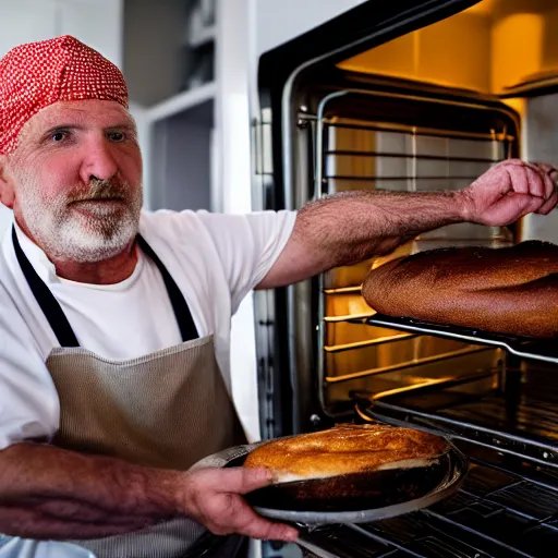 Prompt: closeup portrait of a baker fighting bread that's trying to escape from the oven, by Steve McCurry and David Lazar, natural light, detailed face, CANON Eos C300, ƒ1.8, 35mm, 8K, medium-format print