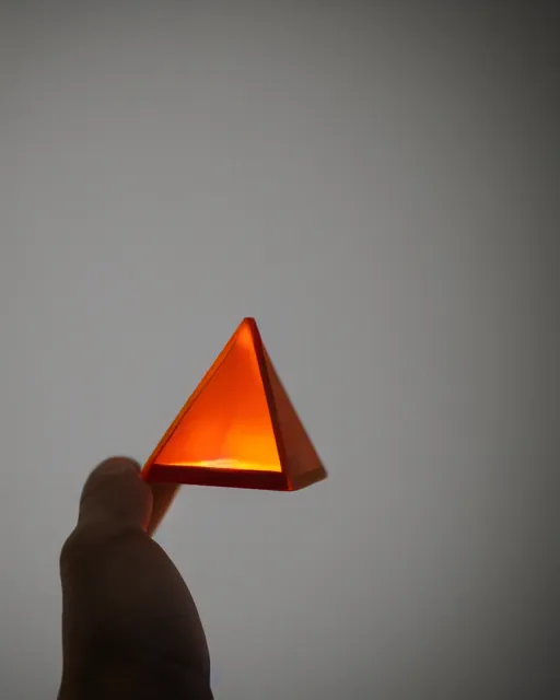 Image similar to a tiny glowing orange pyramid floating above an open hand facing up